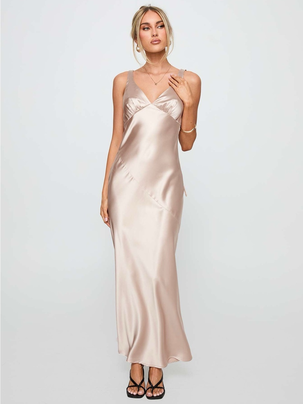 PRINCESS POLLY Northern Star Open Back Satin Maxi Gown - Champagne Size 6 - Picture 1 of 12